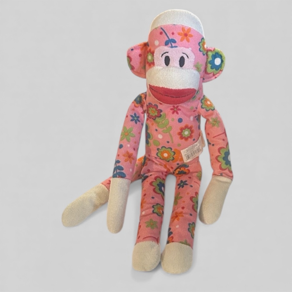 Street Players Sock Monkey pink daisy print plush hippie neon 16" doll HTF